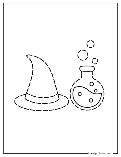 Witch Hat and Potion Bottle Tracing Coloring Page