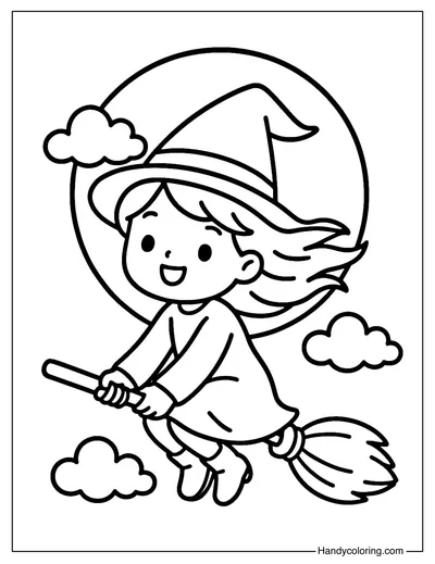 Witch on Flying Broom Coloring Page