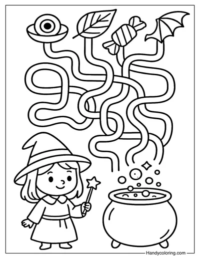 Witch Potion Mix Maze Coloring Page
