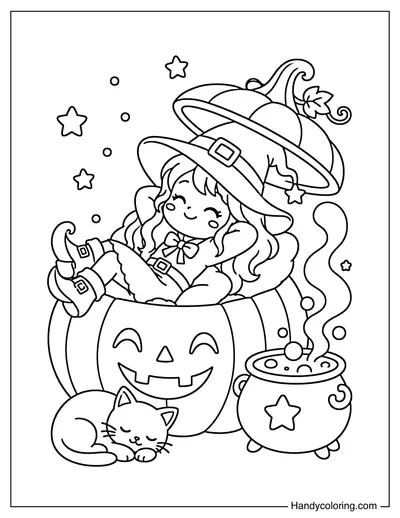 Witch Relaxing Inside a Giant Pumpkin