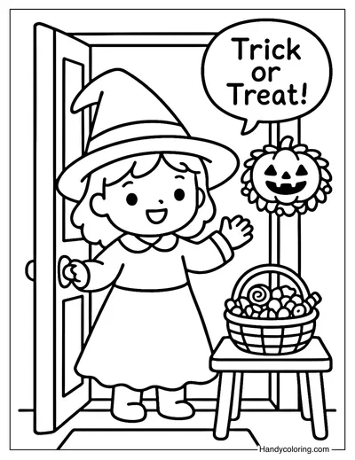 Witch Trick or Treat at Home Coloring Page