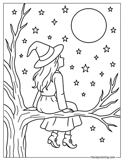 Witch Under Starry Sky Coloring Page