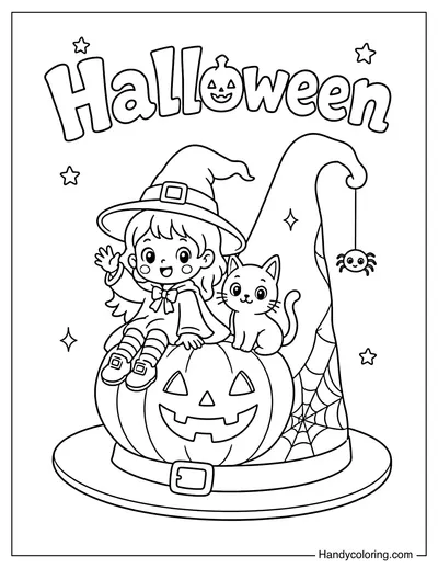 Witch with Black Cat on Pumpkin and Hat