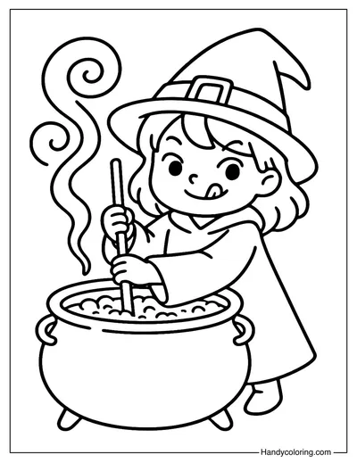 Witch with Cauldron Coloring Page