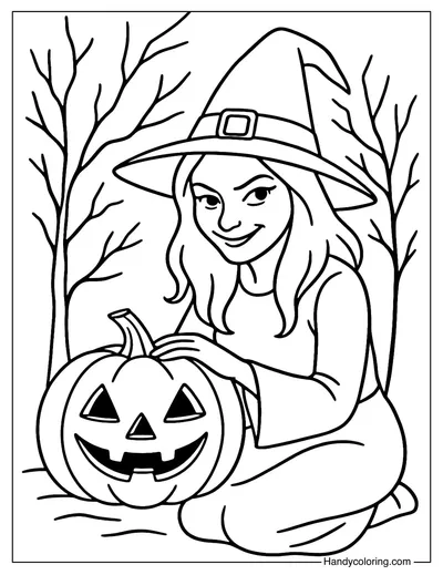 Witch with Pumpkin Coloring Page