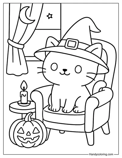 Witchy Cat Coloring Page