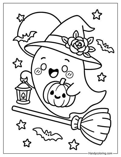 Witchy Ghost with Flower Hat Coloring Page
