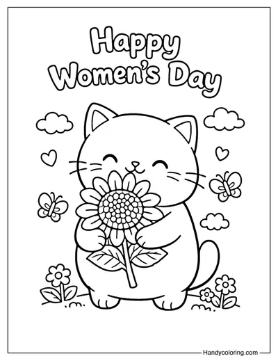 Women's Day Cat with Sunflower Coloring Page