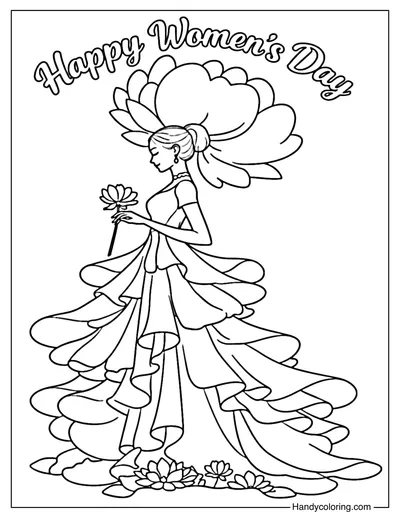 Women's Day with Flower Dress Woman Color Page
