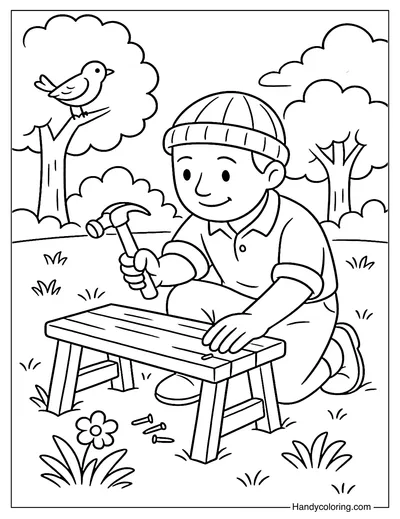 Woodworker Building Bench Outdoors Coloring Page
