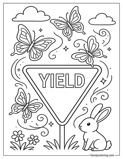 Yield Sign with Butterfly Swirl Coloring Page