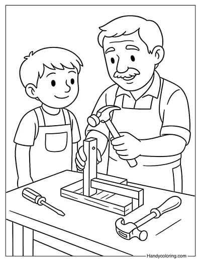 Young Apprentice Learning Carpentry Coloring Page