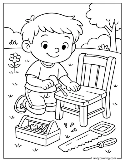 Young Carpenter Fixing a Chair Coloring Page