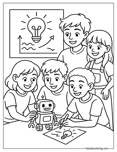 Young Inventors Creating New Ideas Coloring Page