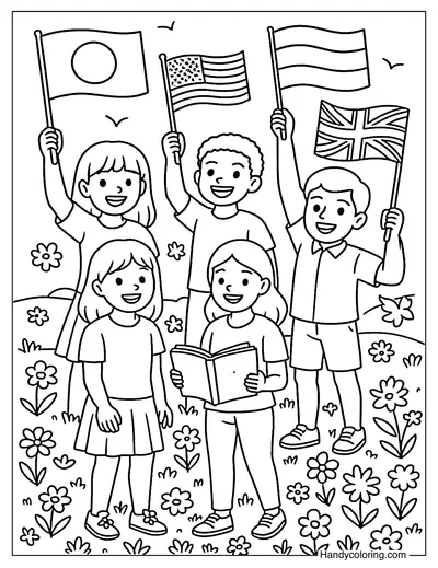 Youth Holding World Flags Coloring Page