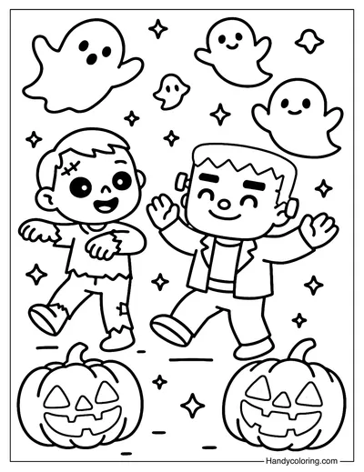 Zombie and Frankenstein Halloween Coloring Page