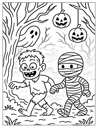 Zombie and Mummy Haunted Forest Coloring Page