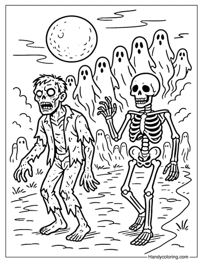 Zombie and Skeleton Coloring Page