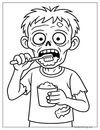 Zombie Brushing Teeth Coloring Page