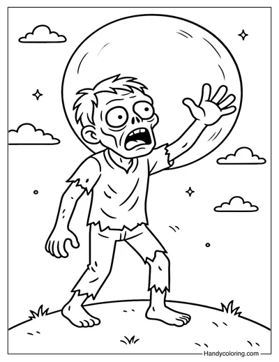 Zombie Under the Moonlight Coloring Page