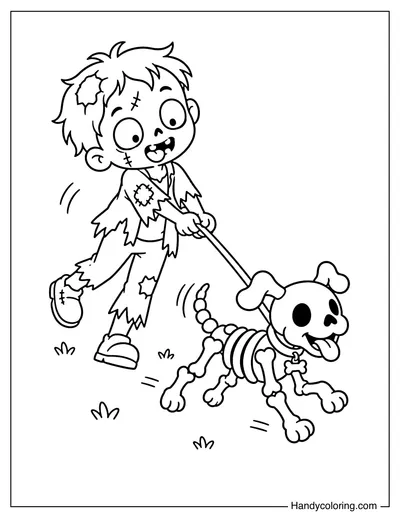 Zombie Walking a Tiny Skeleton Dog