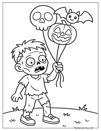 Zombie with Halloween Balloons Coloring Page