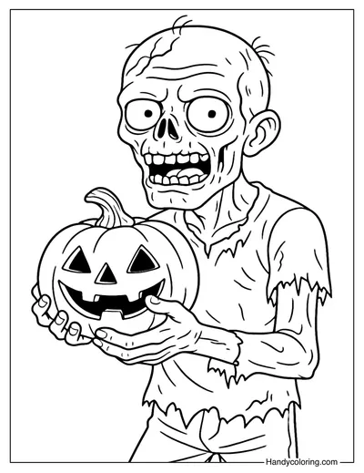 Zombie with Pumpkin Halloween Coloring Page